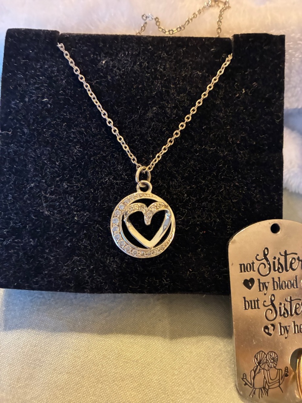 “Sisters Always” Engraved Heart Necklace With CZ Accents And Bonus Keychain Set